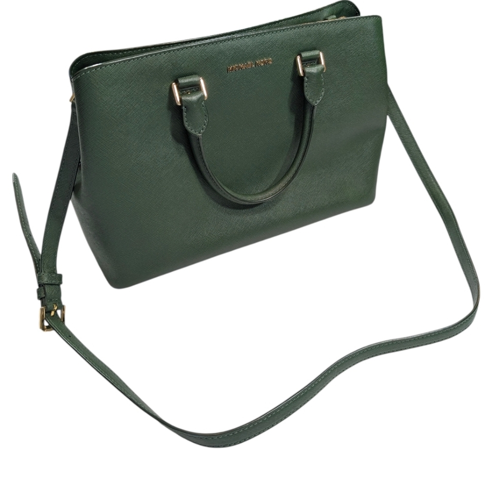 Michael Kors Green Savannah Large Saffiano Leather Satchel Crossbody Bag. - Picture 4 of 16